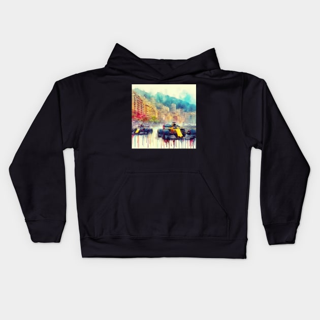 Artistic illustration of high speed racing cars in Monte Carlo Kids Hoodie by WelshDesigns